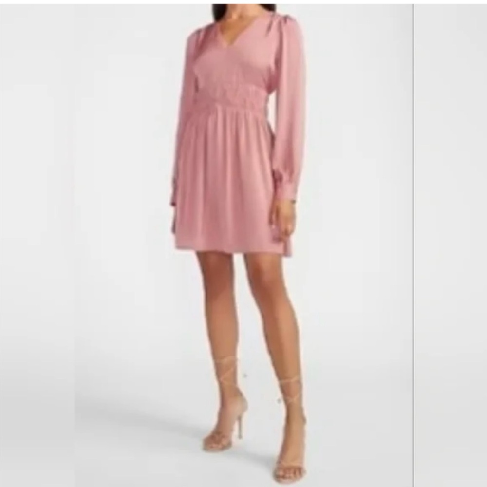 Express Pink Long Sleeve Bishop Sleeve Dress with V-Neck